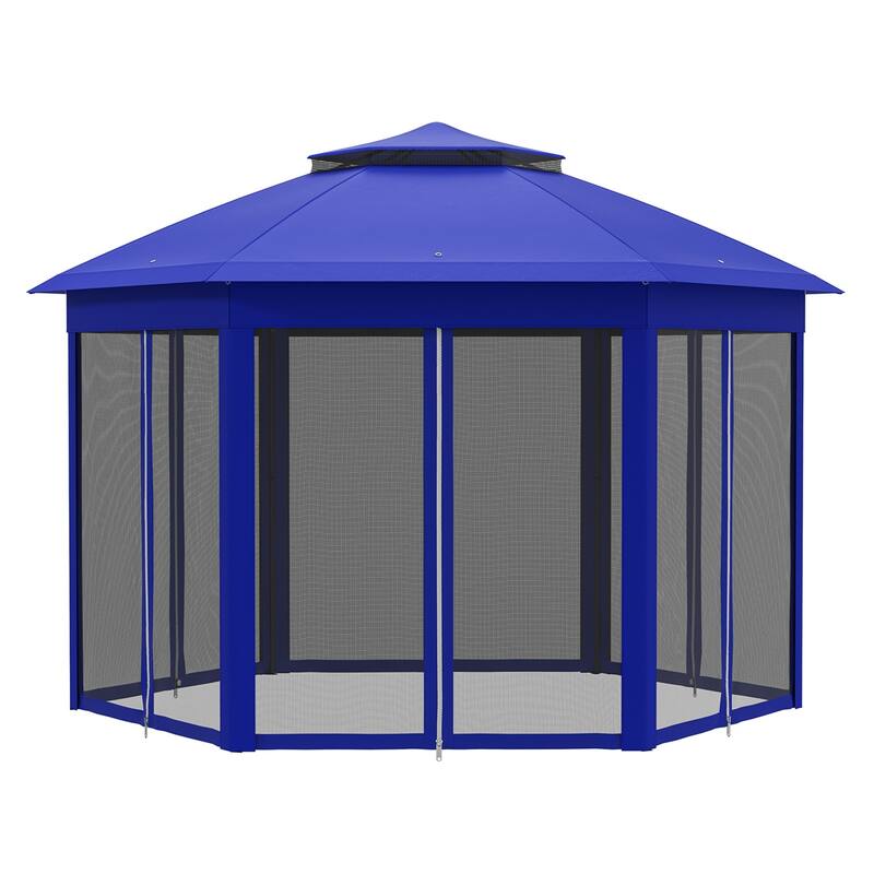 Dark Blue-Black Steel Polyester Hexagon Pop-Up Outdoor Gazebo Tent - Eave Height: 6.6' - Dark Blue-Black