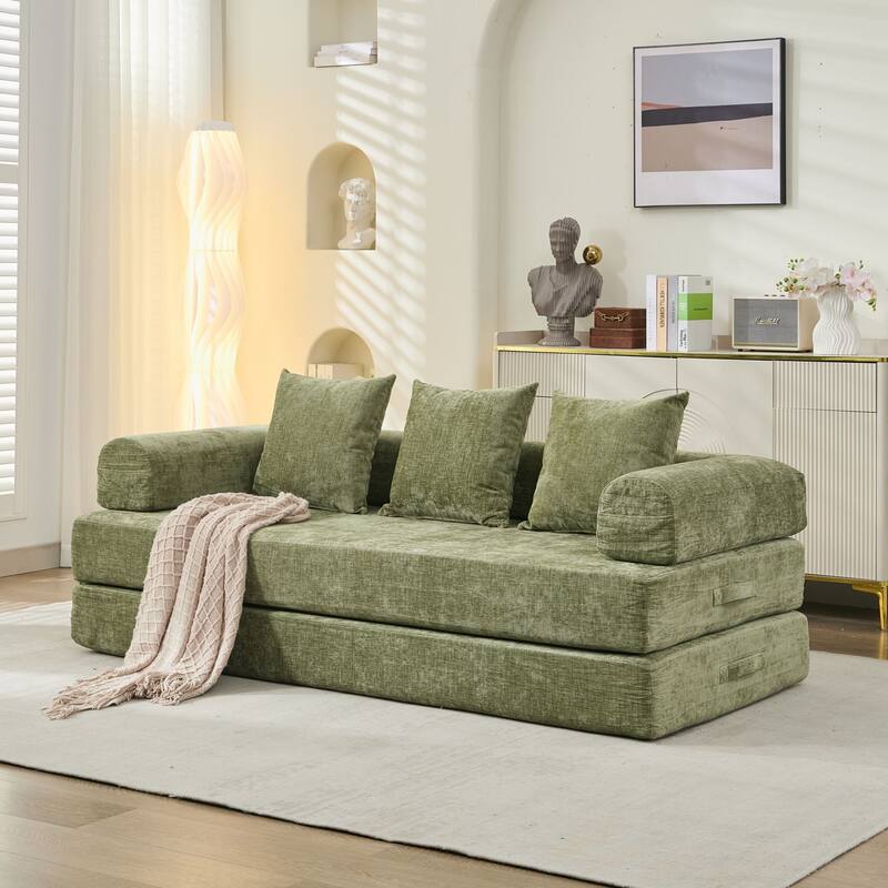 Chenille Convertible Floor Sofa Bed with Armrest for Living Room - Green