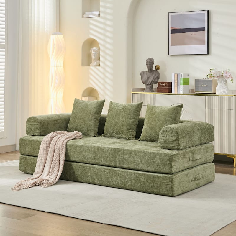 Chenille Floor Sofa Bed - Foldable Mattress Couch with Armrests, Convertible Lounge Chair for Living Room, Bedroom or Studio - Green