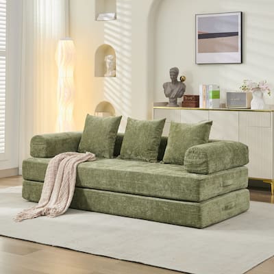 Chenille Folding Sofa Floor Sleeper Bed Chaise Lounger Couch 3-in-1 Comfy Mattress with Reversible Arm Pillows and Non-slip Pad