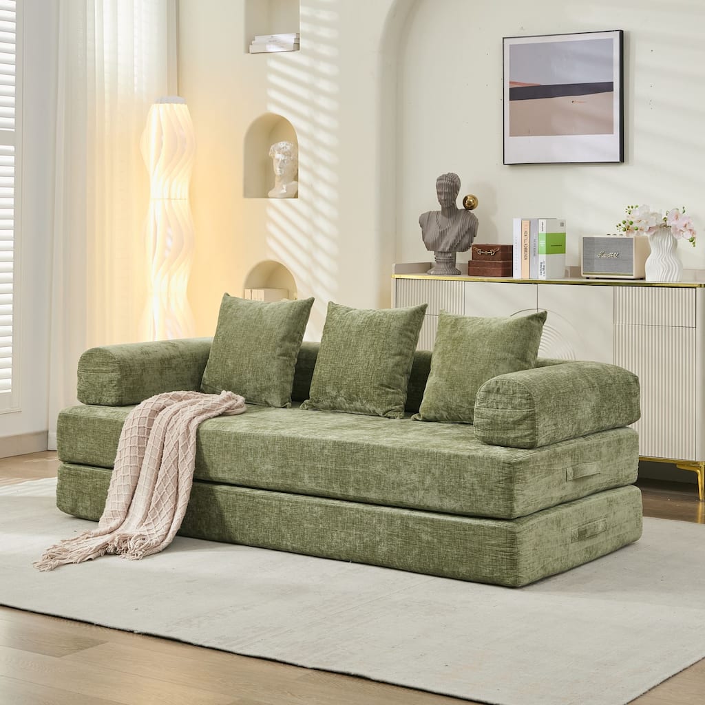 Chenille Folding Sofa Floor Sleeper Bed Chaise Lounger Couch 3-in-1 Comfy Mattress with Reversible Arm Pillows and Non-slip Pad