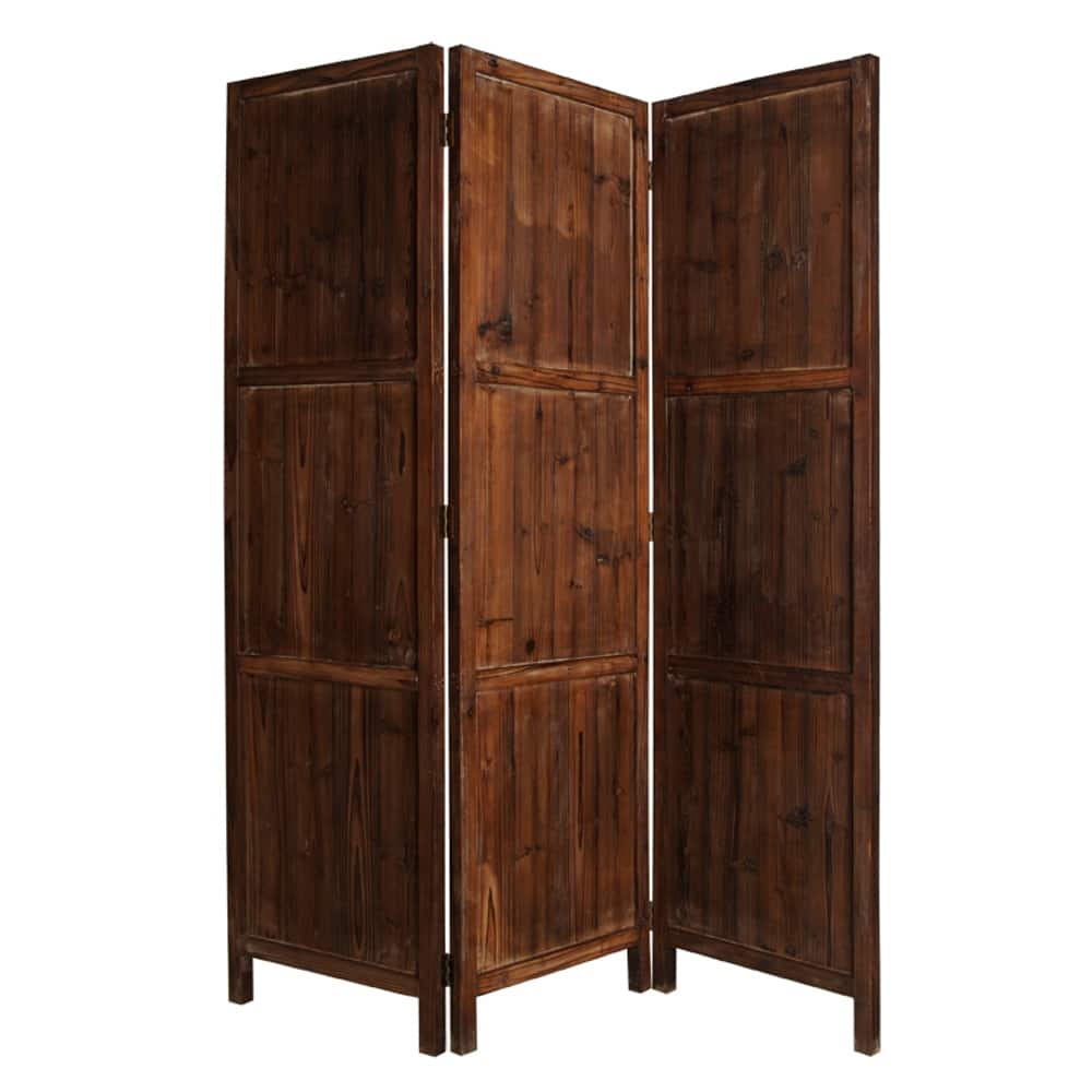 Wooden 3 Panel Room Divider with Plank Pattern, Brown