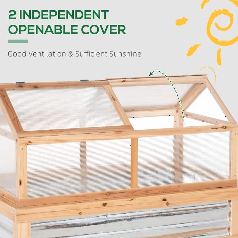 Raised Garden Bed with Polycarbonate Greenhouse, Wooden Garden Cold Frame Greenhouse, Flower Planter Protection, Natural