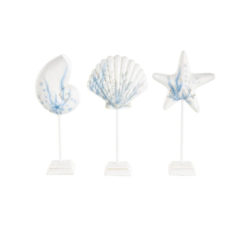 White Polystone Shell and Starfish Sea Life Decorative Sculpture with Blue Coral Patterns (Set of 3)