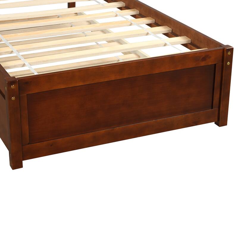 Modern Twin Size Platform Bed with Pull-out Trundle, Wood Bed Frame with Fence-shaped Headboard and Supporting Slats
