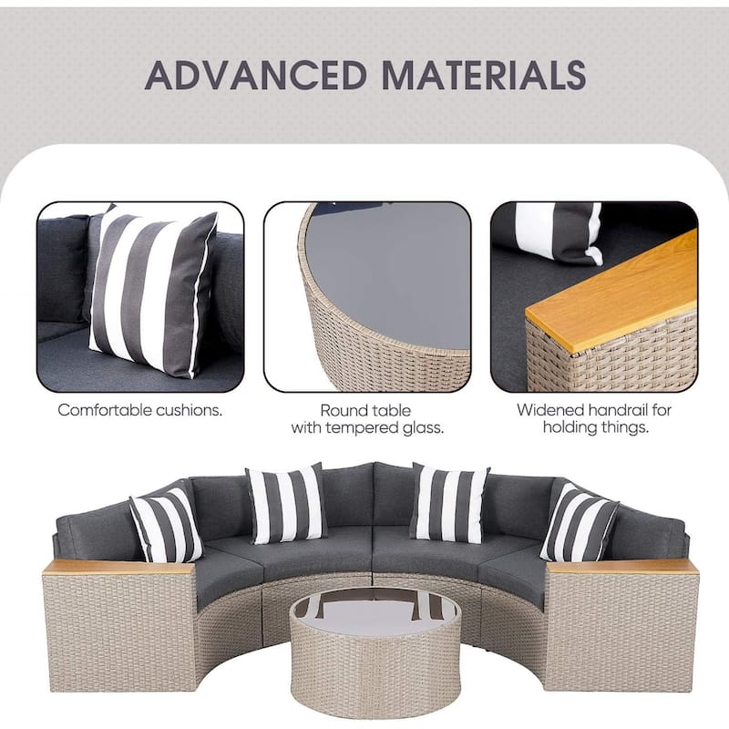 Nuon Outdoor Patio Furniture 5-piece Rattan Wicker Half-Moon Half Round Curved Sofa Sectional Set by Havenside Home