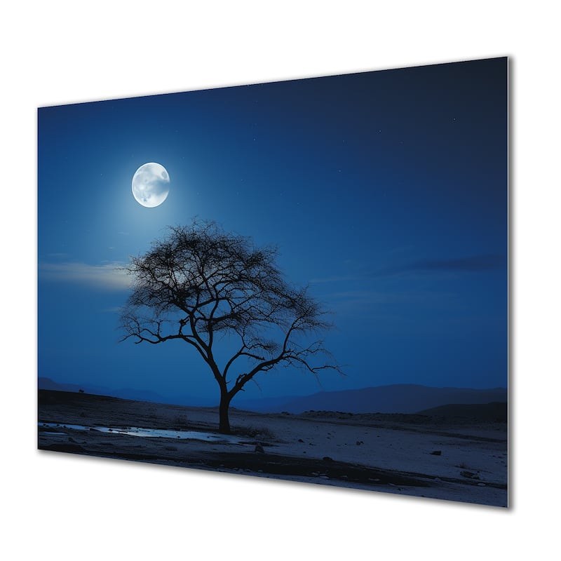 Designart "Blue Moonlight Tree Desert" Tree Metal Wall Art - Blue Metal Wall Décor Modern Metal Art Work