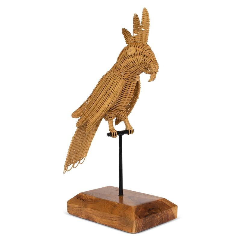 Rattan Cockatoo Parrot Sculpture - Hand Woven Tropical Decor, Boho Bird Accent on Wood Stand - 17" tall x 10" wide x 5" deep