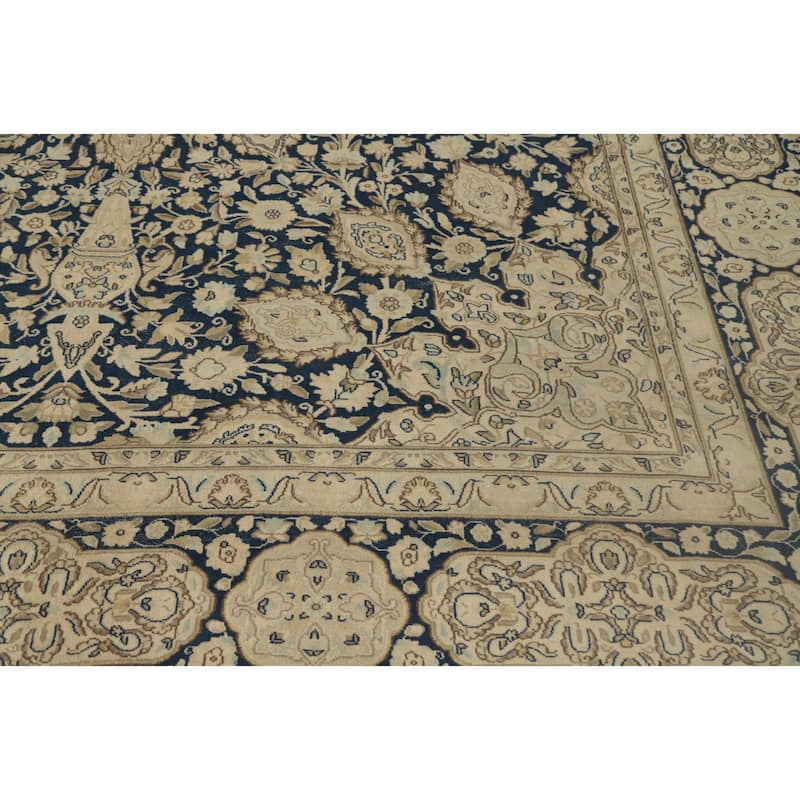 Hand Knotted Oriental 100% Wool Carpet Traditional Floral Navy Blue & Blues Kerman Area Rug - 13' 0'' X 9' 7''