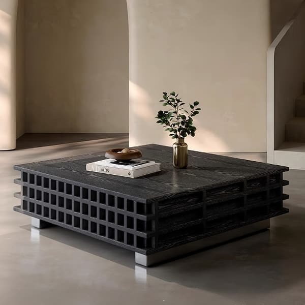 slide 2 of 7, 31.5" Black Multi-Layer Solid Wood Square Coffee Table with 2 Grid Finish Drawers Black
