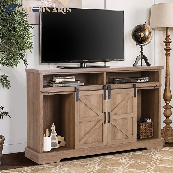 MAISON ARTS 52-Inch Farmhouse Sliding Barn Door TV Stand Sideboard Buffet Storage Cabinet. Opens flyout.