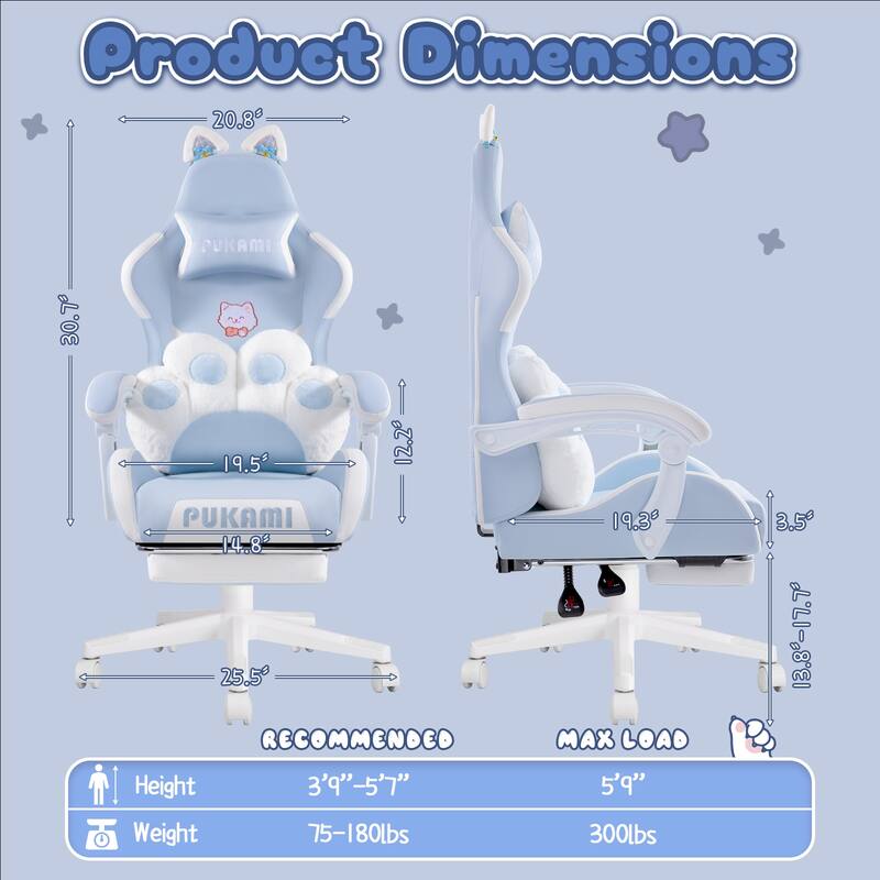 BOSSIN Gaming Chair with Cat Ears and Cat Paw Cushion Pillow,Cute Kawaii Reclining Computer Chair for Girl with Footrest