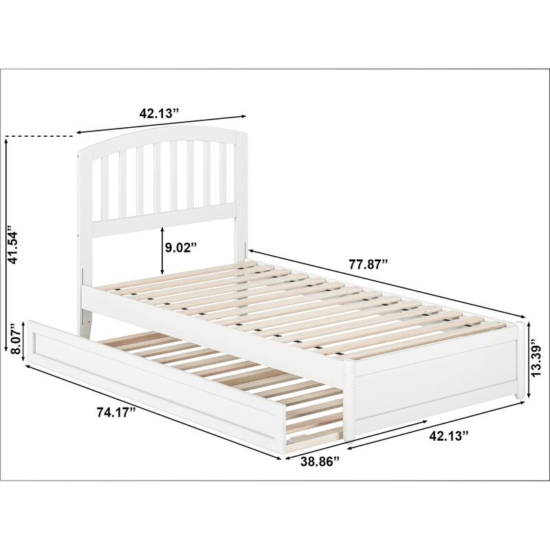 Twin Platform Bed with Trundle - White Mission Style Bed Frame & USB Charger