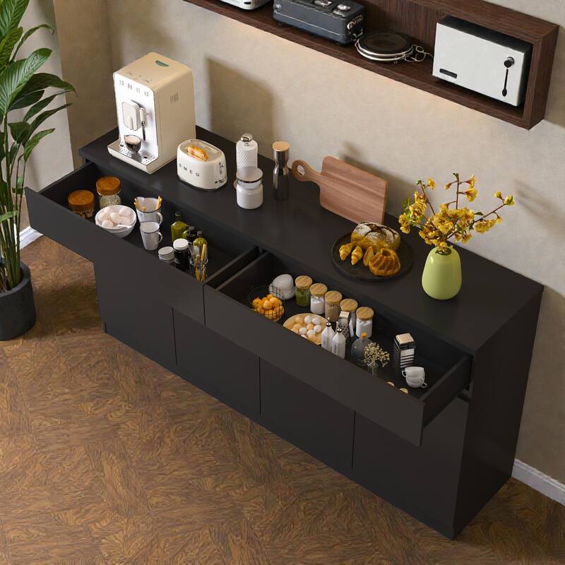 Large Sideboard Buffet Cabinet with Storage, Wood Kitchen Storage Cabinet with 2 Drawers and 4 Doors, Coffee Bar Table