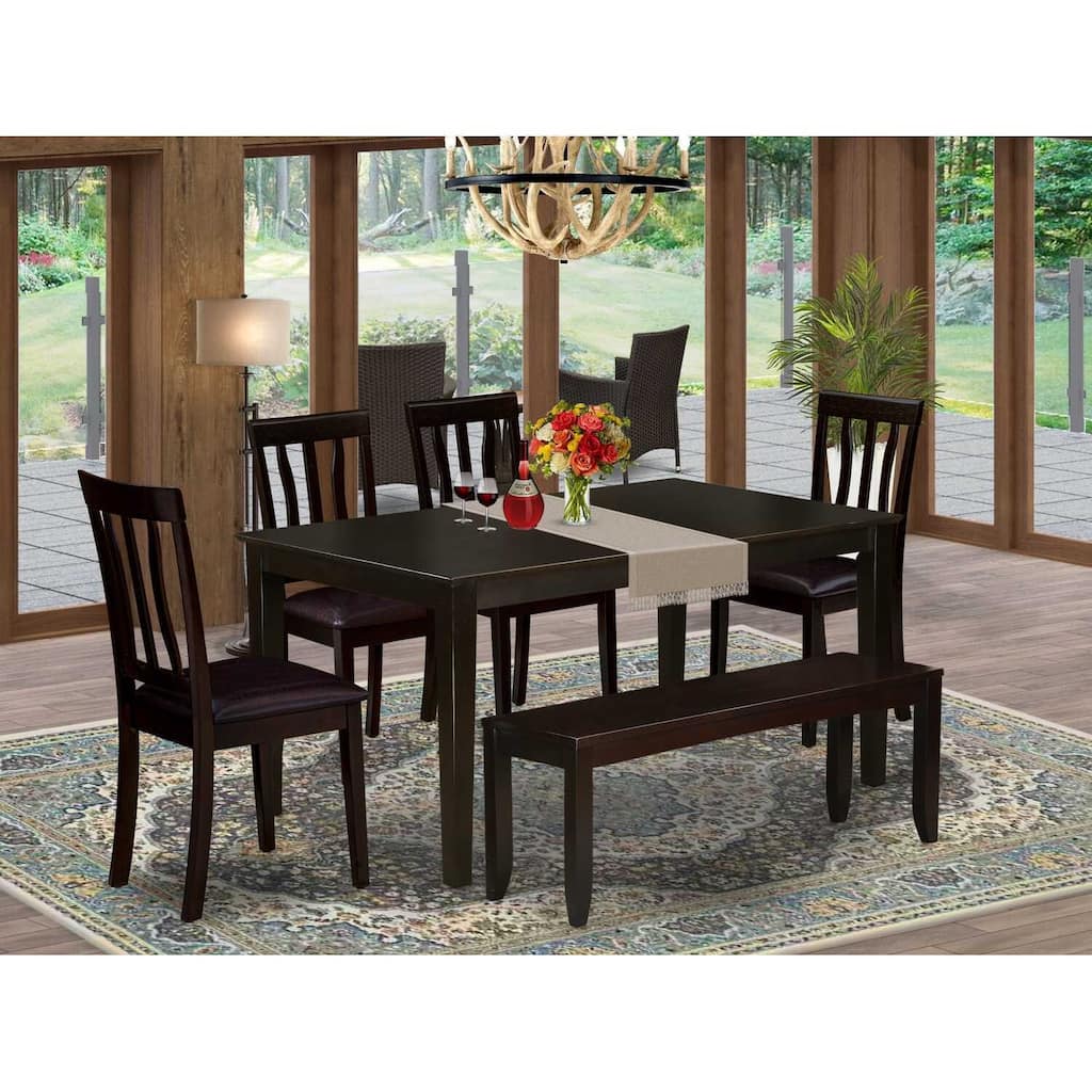 HomeStock 6-Piece Rectangle Cappuccino Finish Solid Wood Top Dining Table with 1 Bench, 4 Chairs