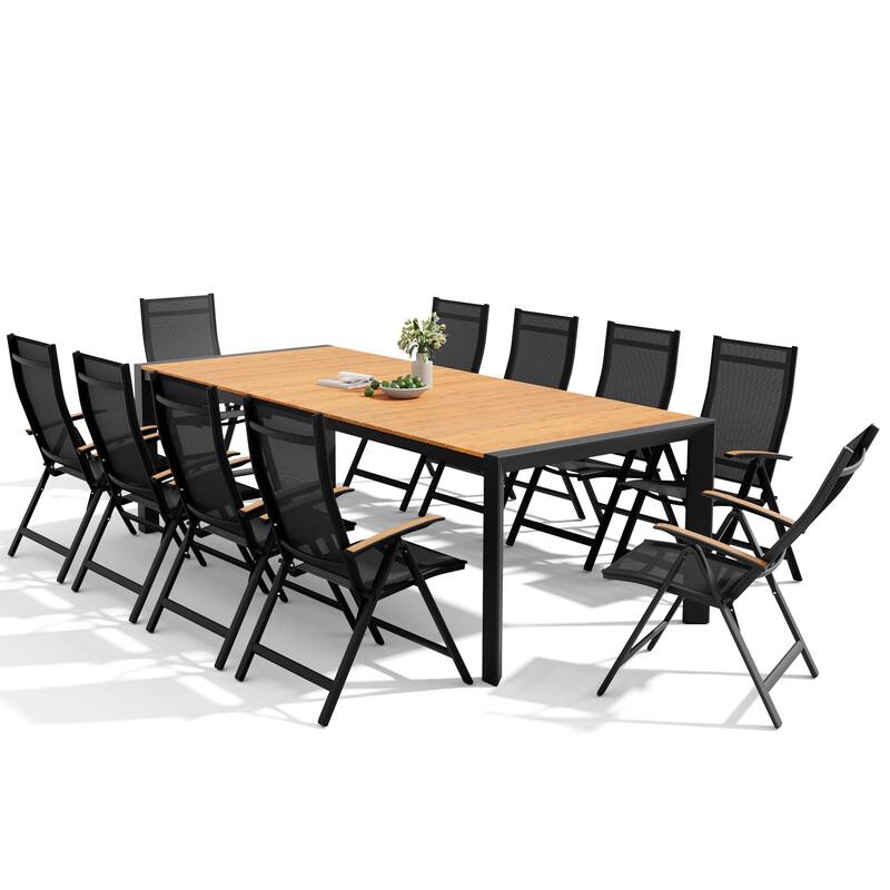 Set of 11 Outdoor Patio Dining Set WoodLike Table Top Aluminum Rectangular Umbrella Hole Table with Folding Teak Armrest Chairs