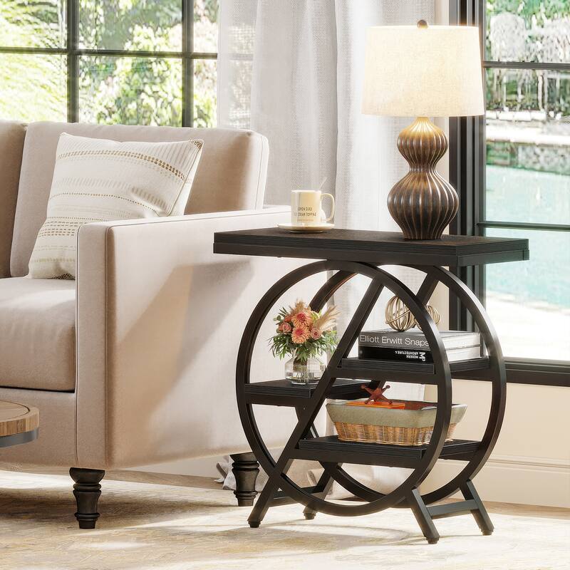 Narrow End Table, Side Table with Storage and Geometric Metal Frame