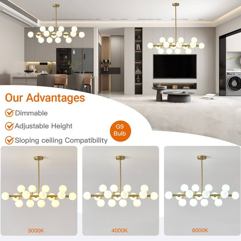 Mid-Century Modern Sputnik Chandelier 16-Light Adjustable Brass Pendant with Glass Globes for Dining Rooms - 34.7in