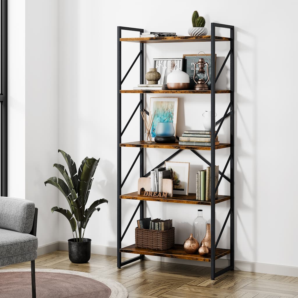 H-Shaped 5-Tier Storage Bookcase, 62.2" Tall Standing Bookshelf with Adjustable Feet