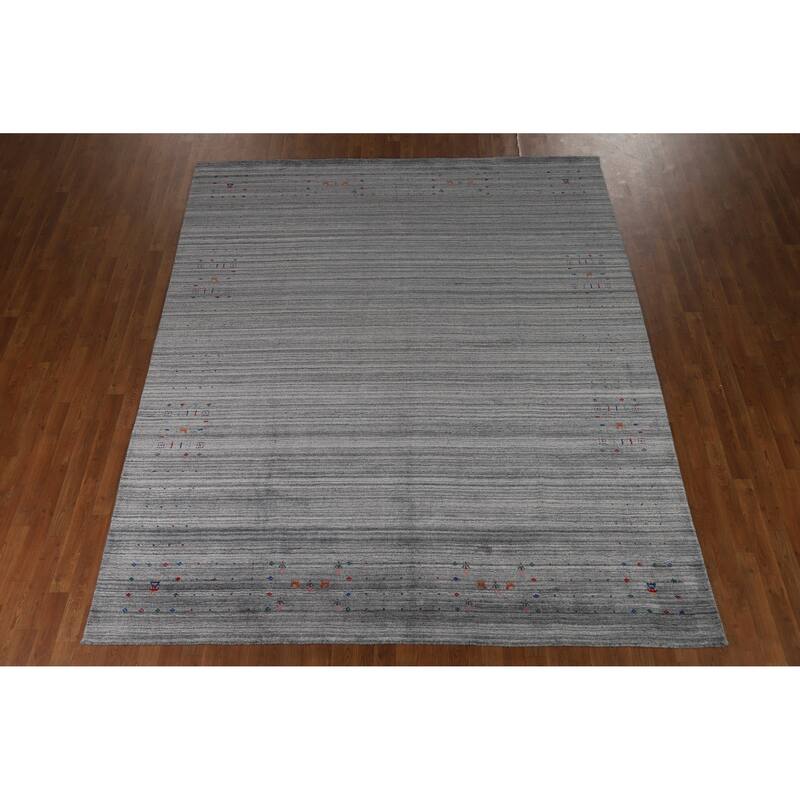 Hand Knotted Oriental 100% Wool Carpet Tribal Stripe Greys & Charcoal Gabbeh Area Rug - 9' 10'' X 8' 3''