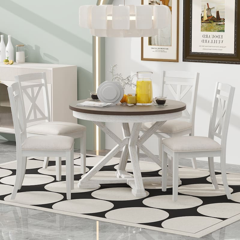 Retro 5-Piece Dining Table Set with Extendable Round Table and Upholstered Chairs for Dining Room