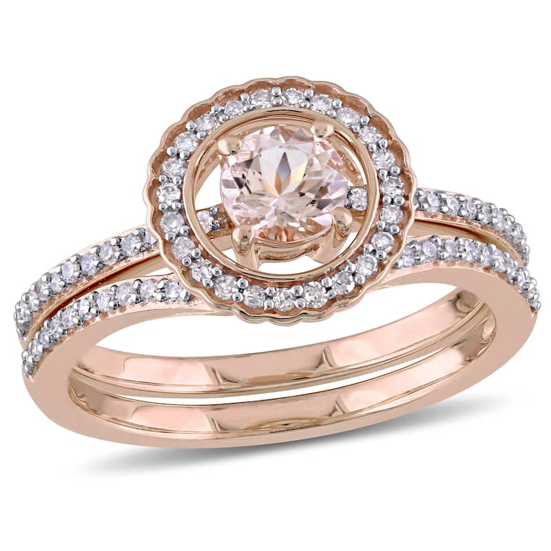Miadora 1/2ct TGW Morganite and 1/3ct TW Diamond Halo Bridal Ring Set in 10k Rose Gold