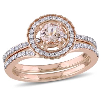 Miadora 1/2ct TGW Morganite and 1/3ct TW Diamond Halo Bridal Ring Set in 10k Rose Gold