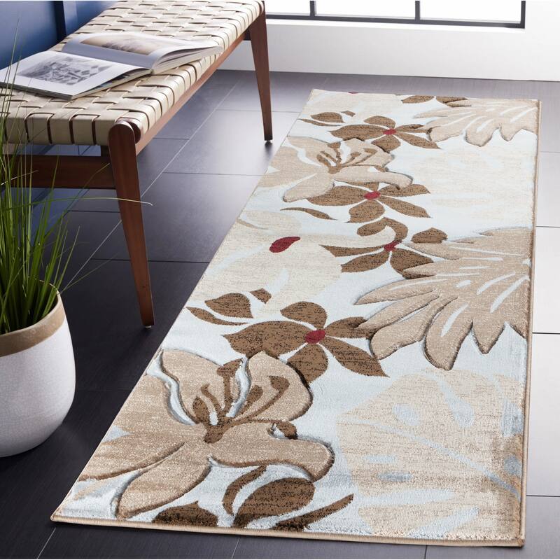 Glamour Floral Collection Polypropylene Area Rug - 2'8'' X 8'1'' - Light Grey/Dark Brown