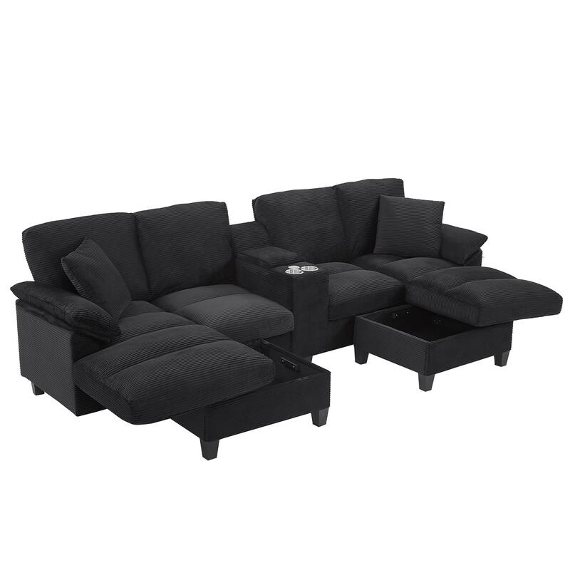 Corduroy Upholstered 4 Seat Sofa, U-shaped Sectional Sofa with Movable Storage Ottomans, Console, Cup Holders and USB Ports