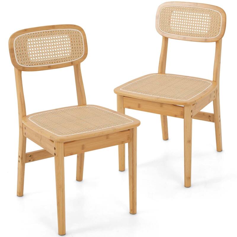 Rattan Accent Chairs Set of 2 Bamboo Frame Cane Woven Backrest &Seat - Natural