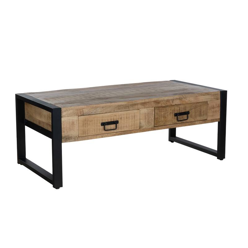 48" Mango Wood Coffee Table with Storage Drawers and Black Metal Frame