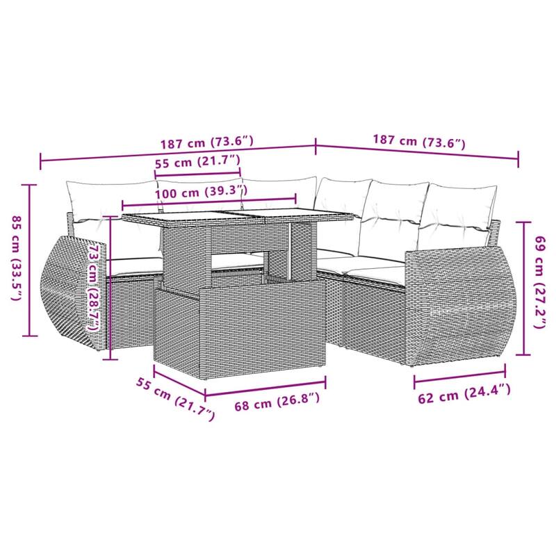 vidaXL Patio Sofa Set with Cushions Outdoor Furniture 6 Piece Poly Rattan