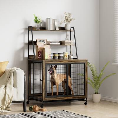 Roomfitters Dog Cage with Storage Rack, Two Doors, Rustic Brown