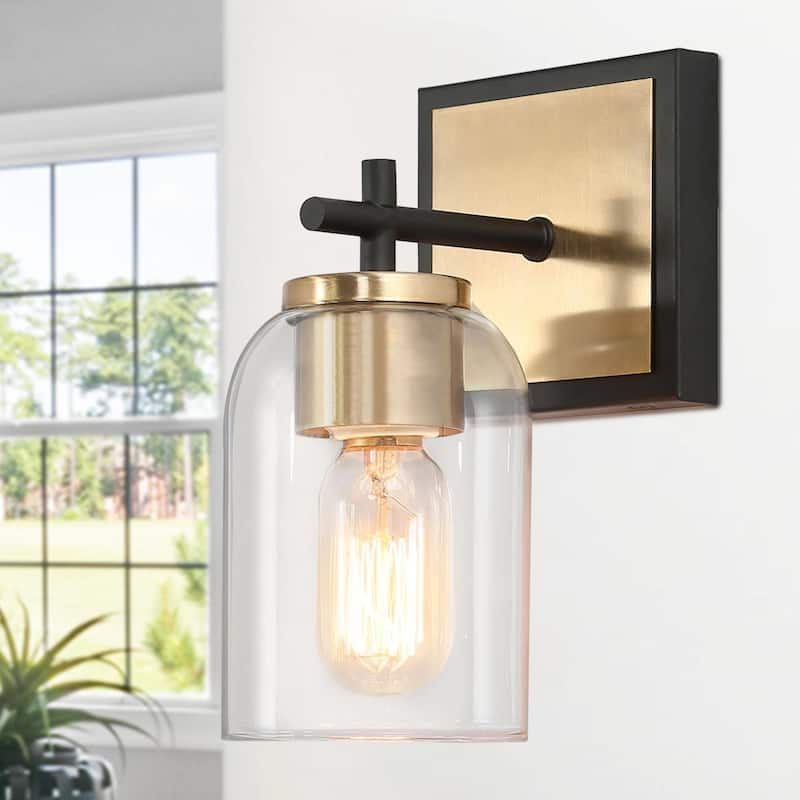 Modern Farmhouse Bathroom Vanity Light Black Gold Cylinder Glass Wall Sconce - 1-Light