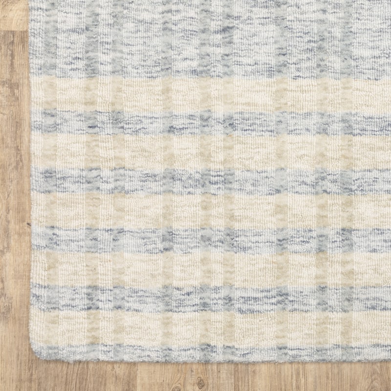 Thalia Scandinavian Textured Stripes Beige/ Blue PET Yarn Area Rug