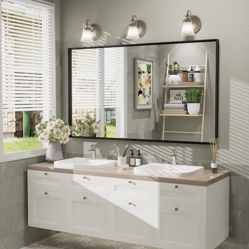 Full Size Metal Frame Wall Mirror Black Tempered Glass for Bathroom