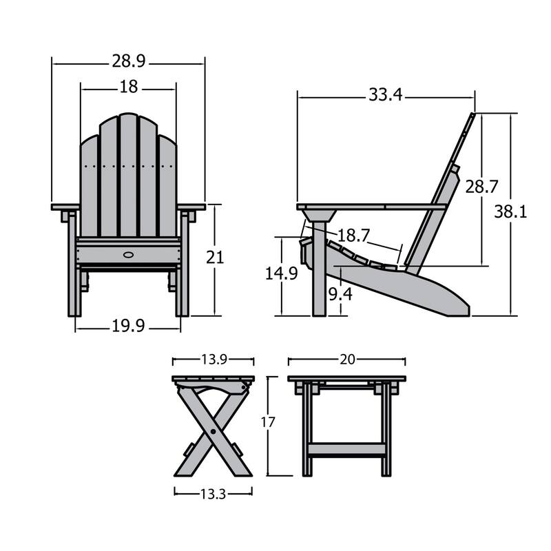 3 Piece Set Outdoor Adirondack Chairs and Folding Side Table