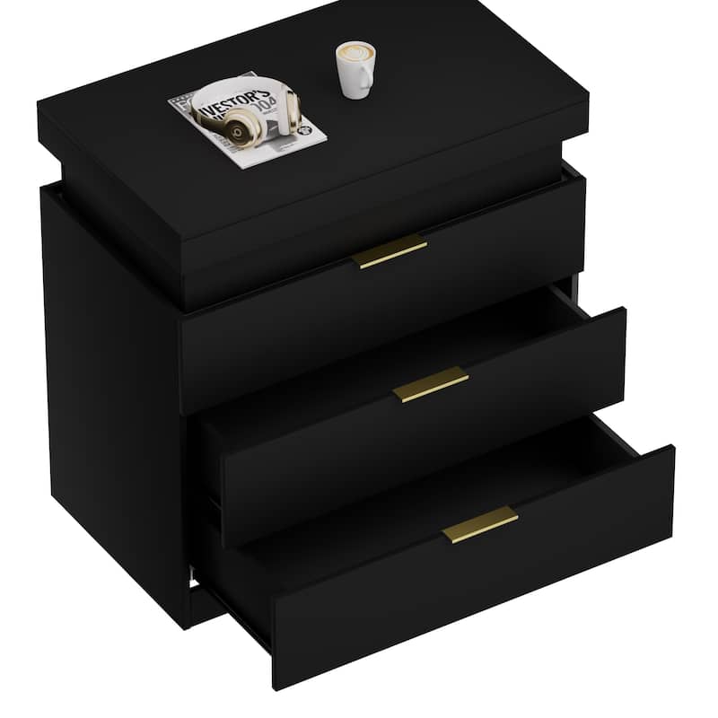 LED Lights Nightstand with Charging Station, Smart Wooden Nightstand, Storage Cabinet with Sliding Top & 3 Drawers