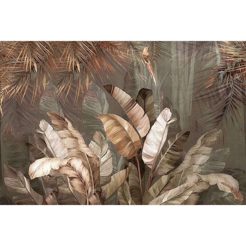 Lush Tropical Forest Mural with Vibrant Palms and Parrot