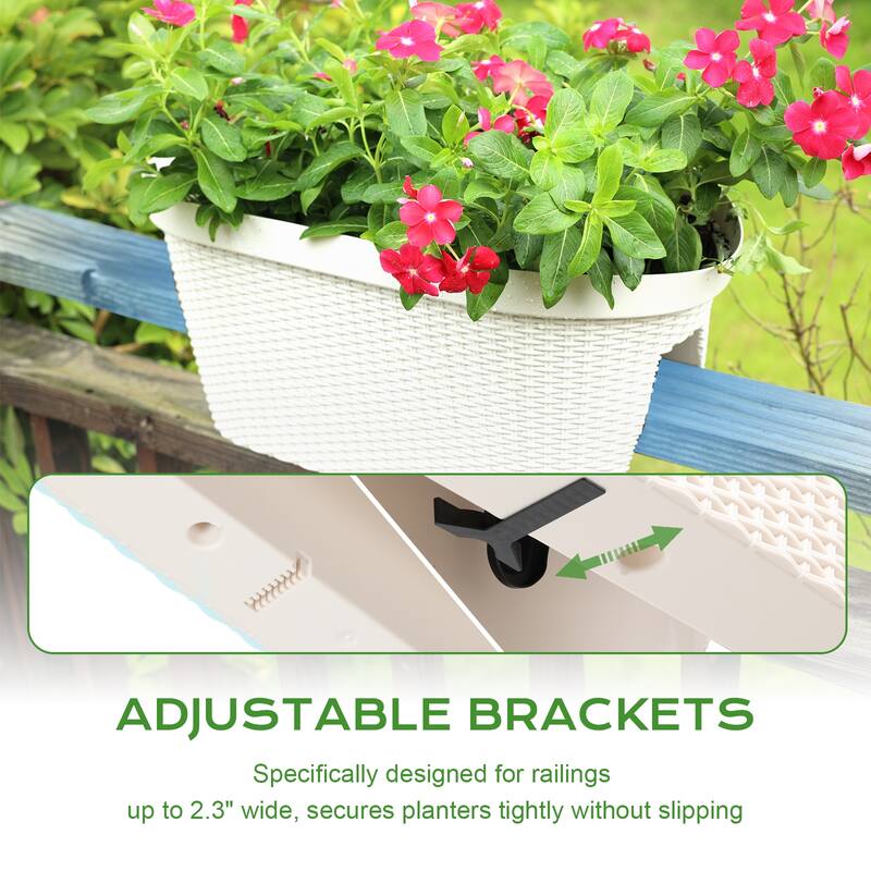 Aoodor 20'' Outdoor Balcony Railing PP Plastic Flower Pots - 4-Piece Set with Two Drainage Holes and Adjustable Brackets