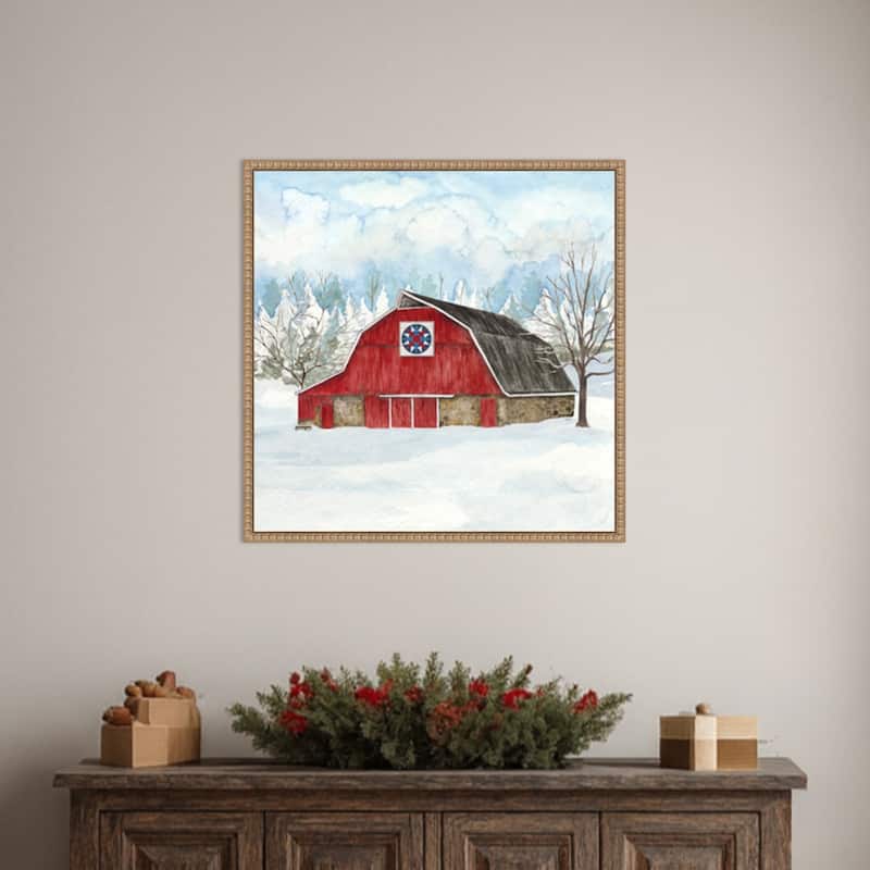 Winter Barn Quilt IV by Tara Reed (22 x 22 in.), Framed Canvas Wall Art Print - Sylvie Beaded Rustic Natural