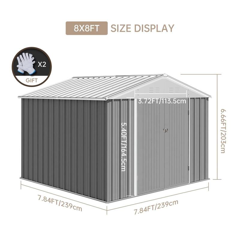 8x8 FT Metal Outdoor Storage Shed, Steel Utility Tool Shed Storage House with Lockable Door Design