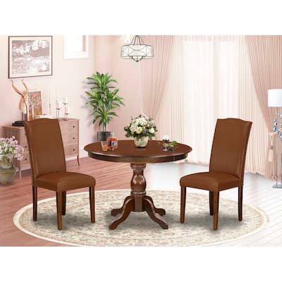 3-Piece Mahogany Finish Solid Wood Top-Dining Room Set with High Back-Seats 4