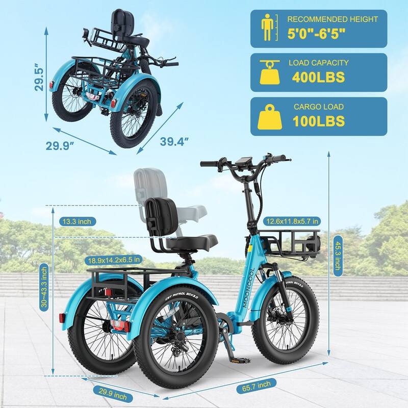 Folding Electric Tricycle for Adults, w/ Basket and Removable Battery