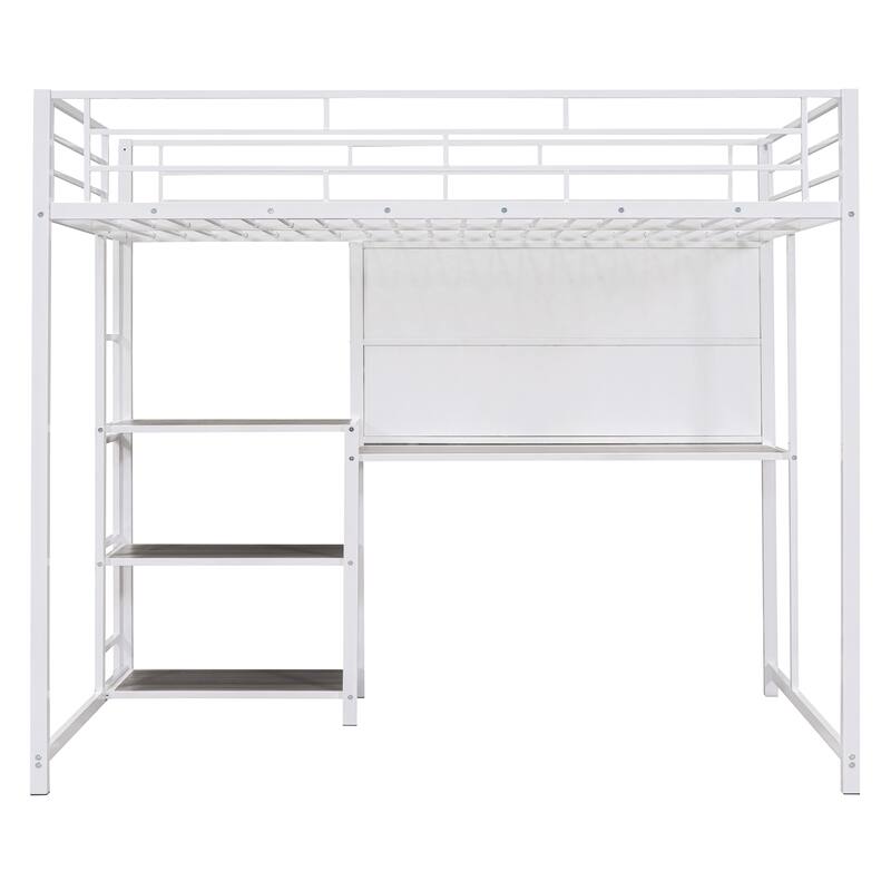 Twin Metal Loft Bed with Desk, Shelves, and Whiteboard, Space-Saving Design