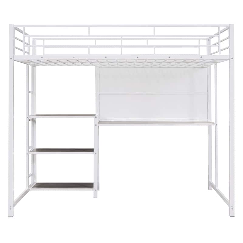 Twin Size Metal Loft Bed with Desk, Shelves, and Ladder