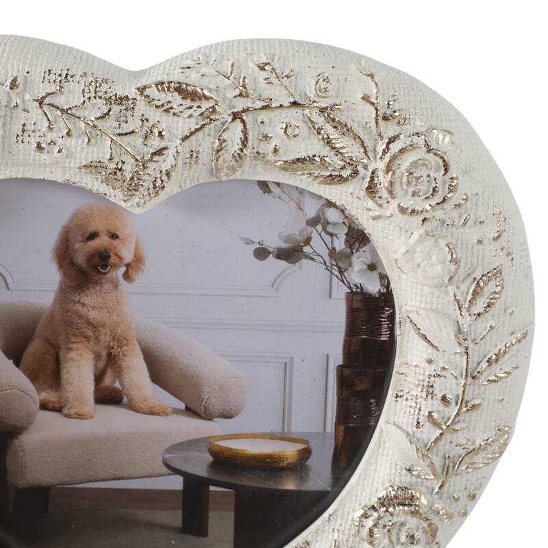 Polyresin Heart Shaped Photo Frame Floral Carving Design - 5x5" Ivory