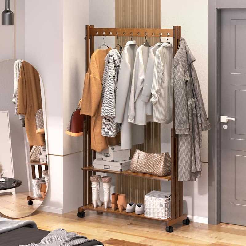Rustic Wooden Clothes Rack Freestanding Bamboo Garment Stand On Wheels - 40.94x12.68x65.35 inch
