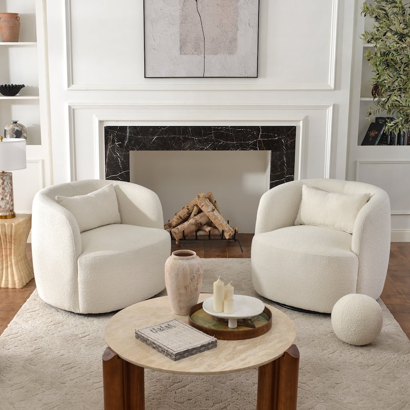 KINWELL 34" Wide Boucle Upholstered Sherpa Swivel Armchair (Set of 2)