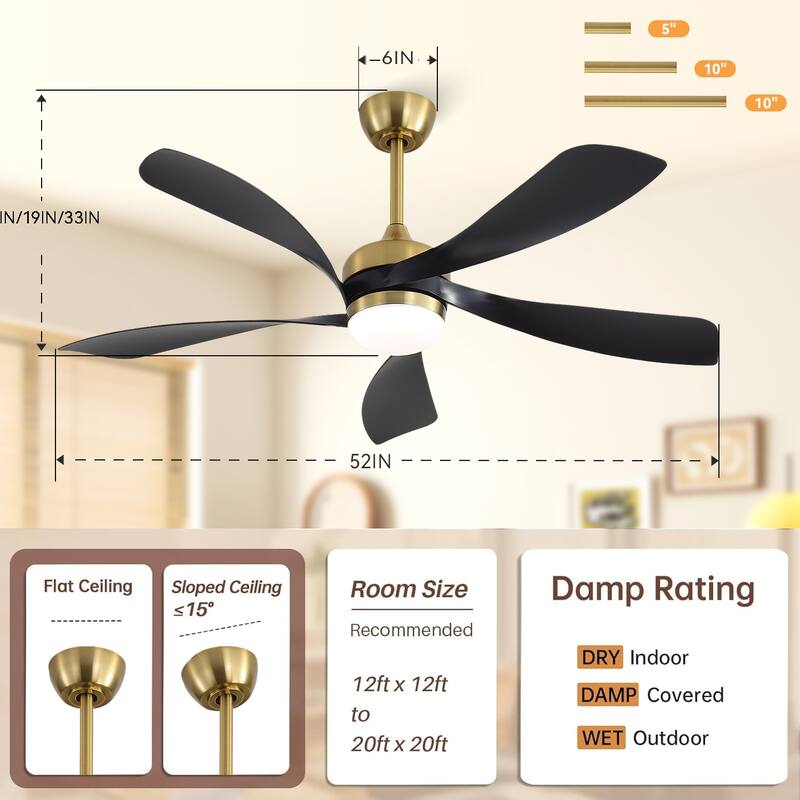 52 Inch Ceiling Fan with Light and Remote for Living Room Bedroom Dining Room Patio Farmhouse - 52 Inches